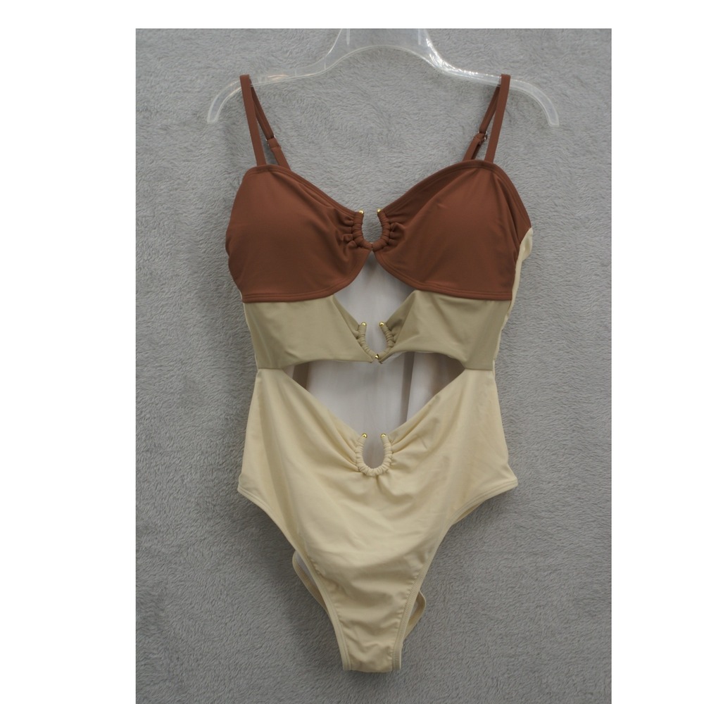 EOMENIE Women XL Colorblock Cut Out Monokini One Piece Swimsuit Brown Cream Gold